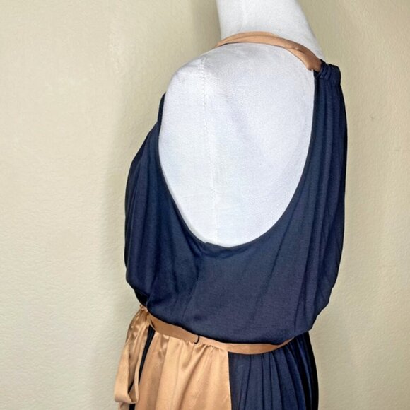 Allen Schwartz Black Ruched V-Neck Faux Silk Gold Halter Maxi Dress Size Med - Picture 5 of 10